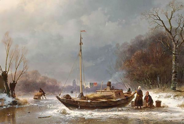 A Wintry Scene With Figures Near A Boat On The Ice Oil Painting by Andreas Schelfhout