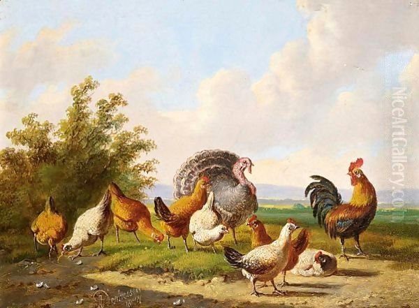 Poultry In A Summer Landscape Oil Painting by Albertus Verhoesen