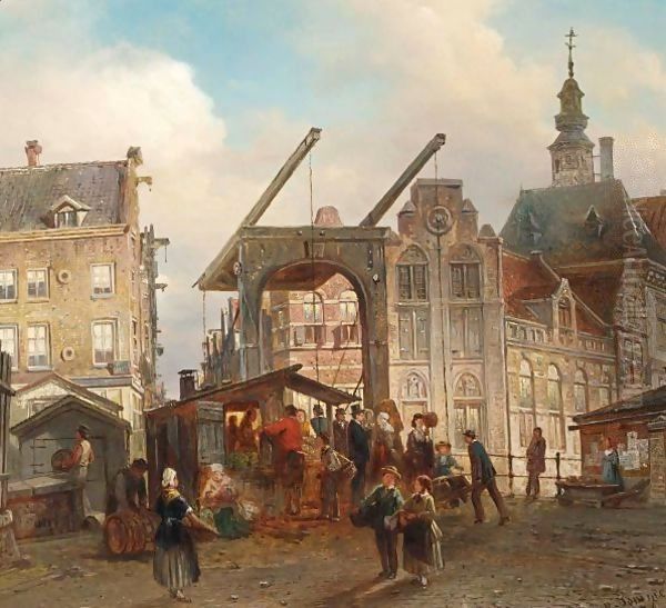 Many Figures Near A Drawbridge In A Dutch Town Oil Painting by Elias Pieter van Bommel