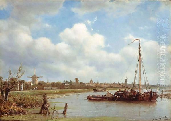 Figures On A Moored Sailing Vessel, A Town In The Background Oil Painting by Petrus Paulus Schiedges