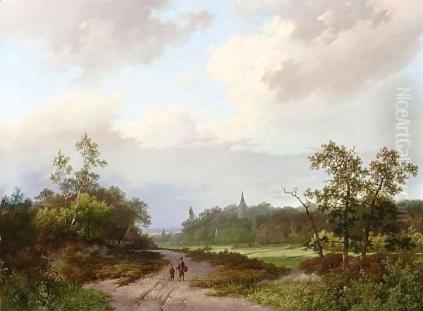 Travellers On A Country Road, A Church In The Distance Oil Painting by Marianus Adrianus Koekkoek