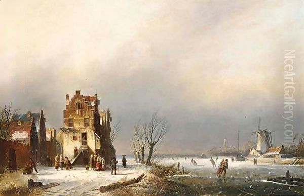 A Winter Landscape With Skaters Near A Village Oil Painting by Jan Jacob Coenraad Spohler