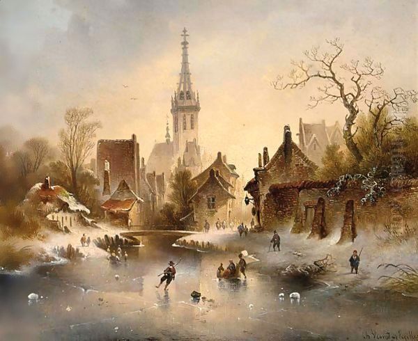 A Winter Landscape With Skaters Near A Village Oil Painting by Charles van den Eycken