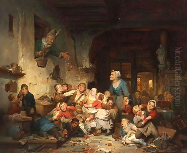 The Village School Oil Painting by Ferdinand de Braekeleer