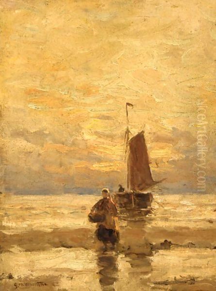 A Fisher Woman On The Beach At Sunset Oil Painting by Gerhard Arij Ludwig Morgenstje Munthe