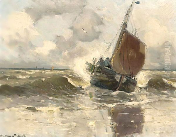 A Bomschuit In The Breakers, Katwijk Oil Painting by Gerhard Arij Ludwig Morgenstje Munthe