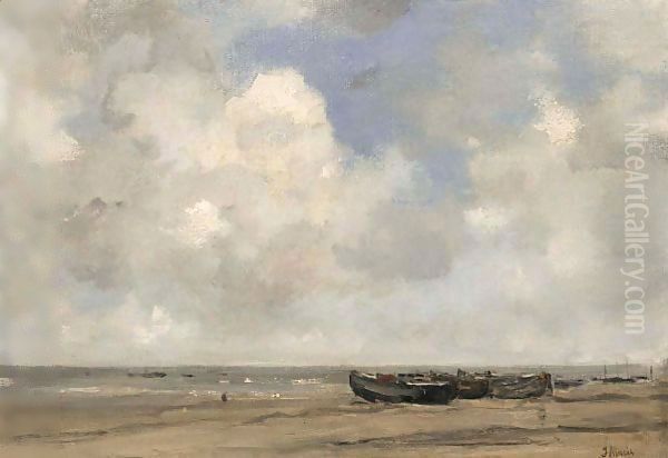 Moored Boats On Scheveningen Beach Oil Painting by Jacob Henricus Maris