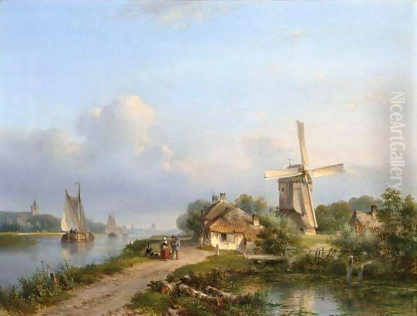 Figures On A Canal Near A Windmill Oil Painting by Lodewijk Johannes Kleijn