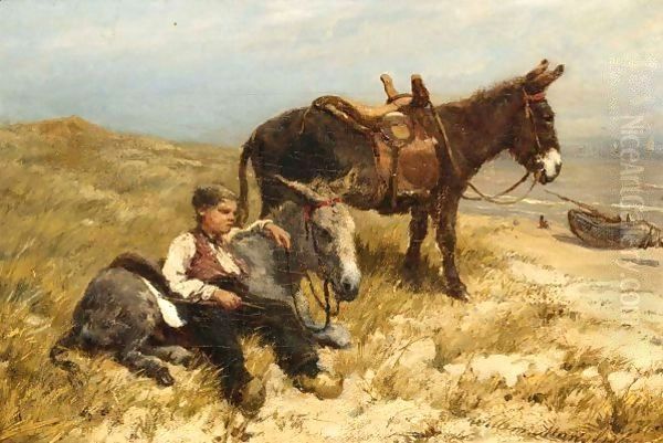 A Herdboy With Donkeys On Scheveningen Beach Oil Painting by Willem Maris