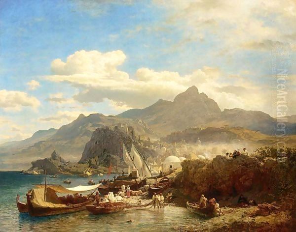 A Busy Coastal Village On The Levantine Coast Oil Painting by Andreas Achenbach