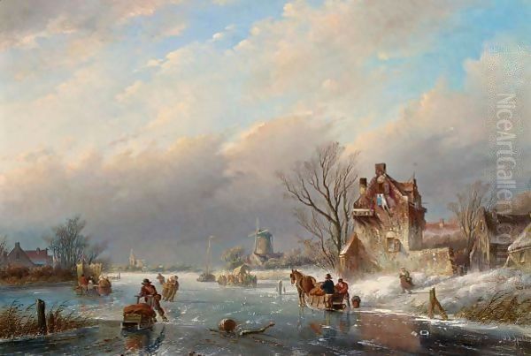 Figures On The Ice In A Winter Landscape 2 Oil Painting by Jan Jacob Coenraad Spohler