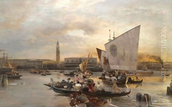 Blick Gen Dogenpalast Und St. Marco (View Of The Doges Palace And St. Mark'S) Oil Painting by Oswald Achenbach