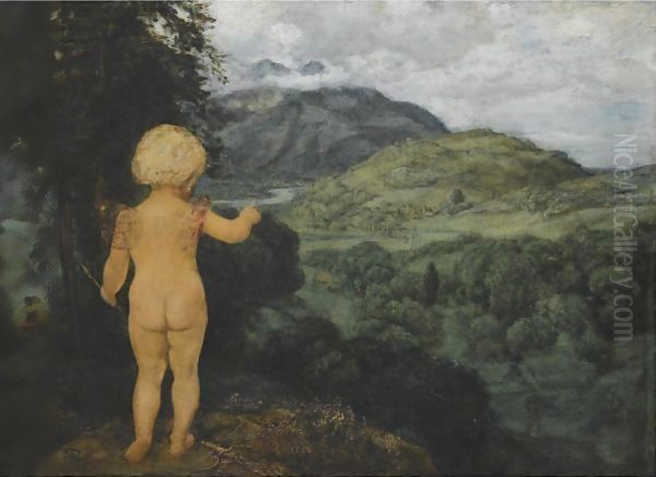 Cupid As Landscape Painter Oil Painting by Hans Thoma