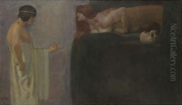 Oedipus Solves The Riddle Of The Sphinx Oil Painting by Franz von Stuck