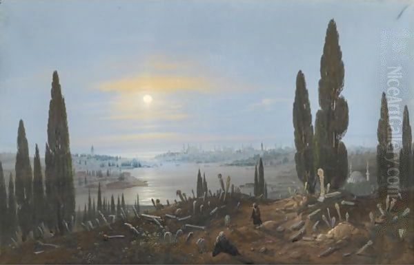 View Of Constantinople By Moonlight From Eyup Oil Painting by Carlo Bossoli