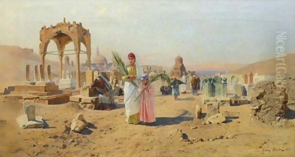 Figures Bearing Palm Leaves On The Outskirts Of Cairo Oil Painting by Franz Xavier Kosler