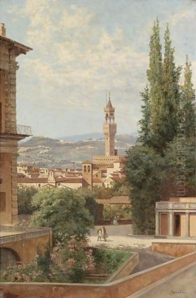 Florence, View Of The Palazzo Vecchio With Fiesole In The Distance Oil Painting by Antonietta Brandeis