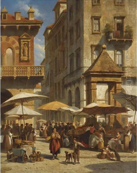 Piazza Delle Erbe, Verona Oil Painting by Jacques Carabain