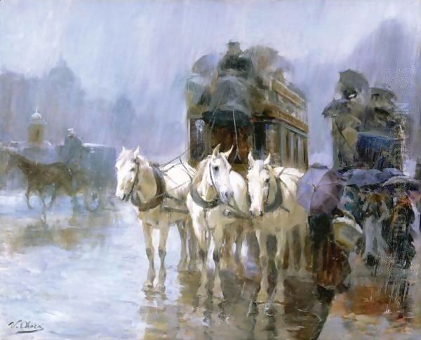 A Rainy Day In Paris Oil Painting by Ulpiano Checa y Sanz