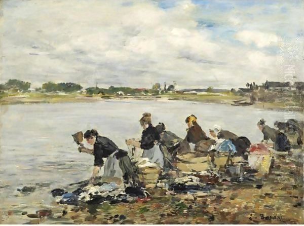 Laveuses Au Bord De La Touques 5 Oil Painting by Eugene Boudin