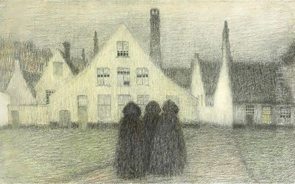 Beguinage Avec Vieilles Femmes, Bruges Oil Painting by Henri Eugene Augustin Le Sidaner