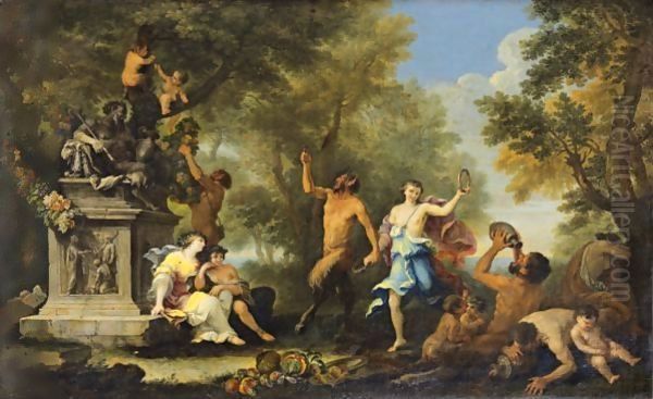 Bacchanale Offering Various Goods To Pan Statue Oil Painting by Filippo Lauri