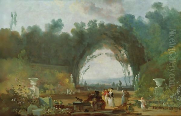 View Of A Terrace, Probably In Saint-Cloud Oil Painting by Louis-Gabriel Moreau the Elder