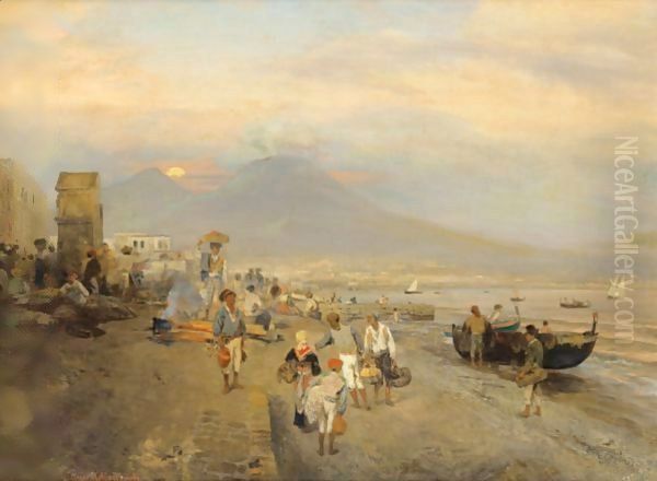 View Of Naples, Sunset Oil Painting by Oswald Achenbach