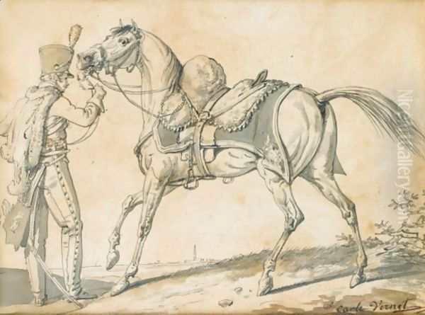 Hussar And His Horse Oil Painting by Carle Vernet