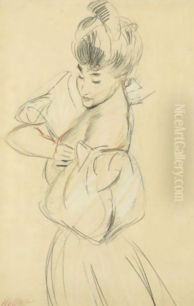 A Woman Side View Arranging Her Sleeve Oil Painting by Paul Cesar Helleu