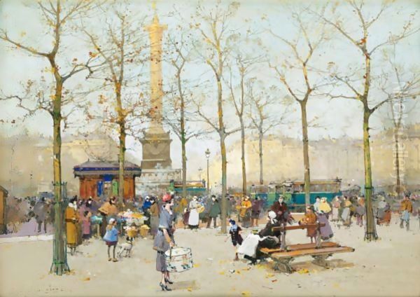 Paris, Place De La Bastille Oil Painting by Eugene Galien-Laloue