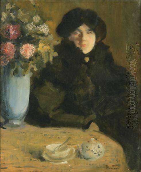 Portrait Of A Woman With A Vase Of Flowers Oil Painting by Paul Albert Besnard