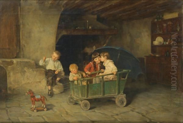 Children Playing Oil Painting by Charles Bertrand D'entraygues