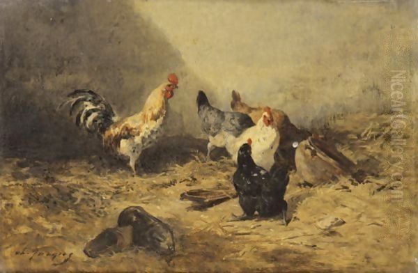 Cock And Hens Oil Painting by Charles Emile Jacque