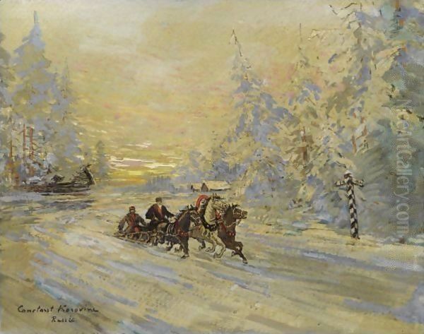 Winter Sunset With Troika Oil Painting by Konstantin Alexeievitch Korovin