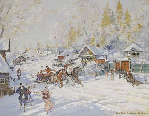 Sunny Winter Landscape With Troika Oil Painting by Konstantin Alexeievitch Korovin