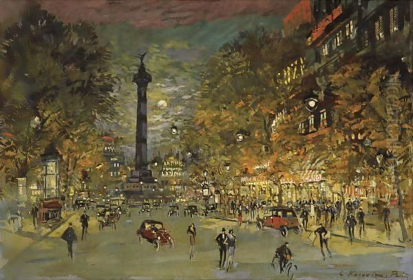 Place De La Bastille , Paris Oil Painting by Konstantin Alexeievitch Korovin