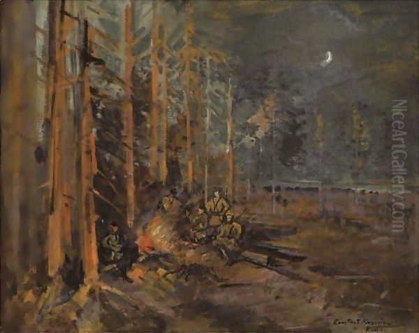 Soldiers Round The Forest Campfire Oil Painting by Konstantin Alexeievitch Korovin