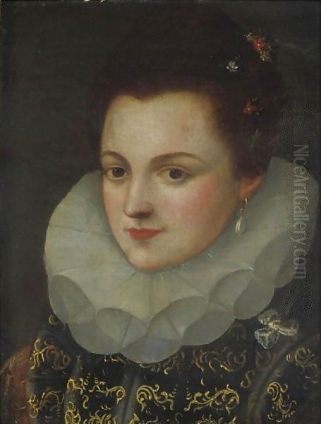 Portrait Of A Lady Wearing A Black Dress With Gold Brocade And A White Ruff Oil Painting by Frans Pourbus the younger