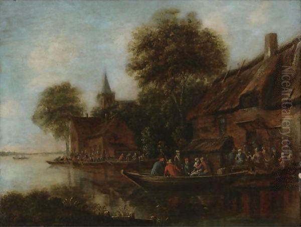 Village By A River With Figures In Boats Oil Painting by Thomas Heeremans