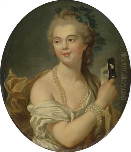 Mademoiselle Van Loo Holding A Mask Oil Painting by Louis Michel van Loo