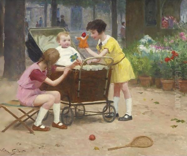 Entertaining Baby Oil Painting by Victor-Gabriel Gilbert