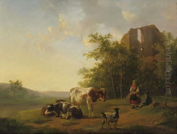 Shepherds And Cattle Resting By A Stream Oil Painting by Hendrikus van den Sande Bakhuyzen