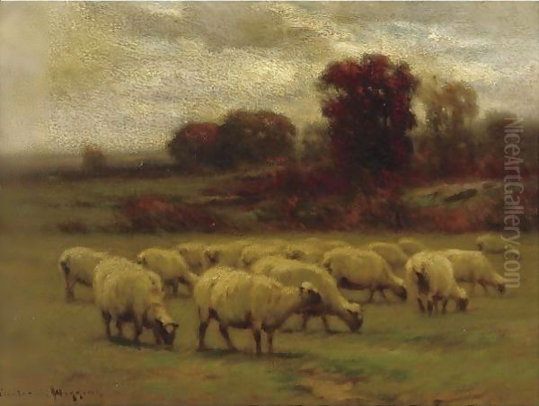 A Flock Of Sheep At Pasture Oil Painting by John Carleton Wiggins