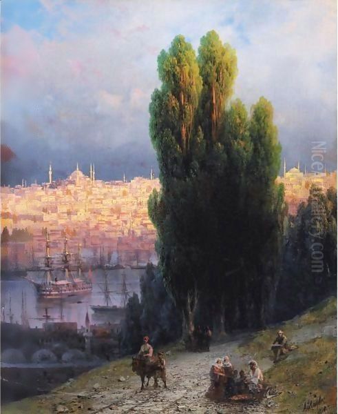 Constantinople, View Of The Golden Horn With A Self-Portrait Of The Artist Sketching Oil Painting by Ivan Konstantinovich Aivazovsky