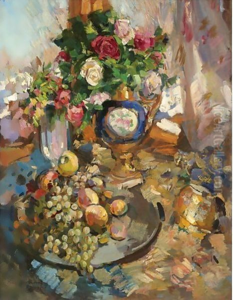 Still Life With Roses And Fruit Oil Painting by Konstantin Alexeievitch Korovin