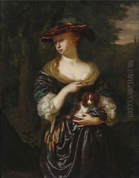 A Woman Holding A Dog In A Landscape Oil Painting by Jan Van Mieris