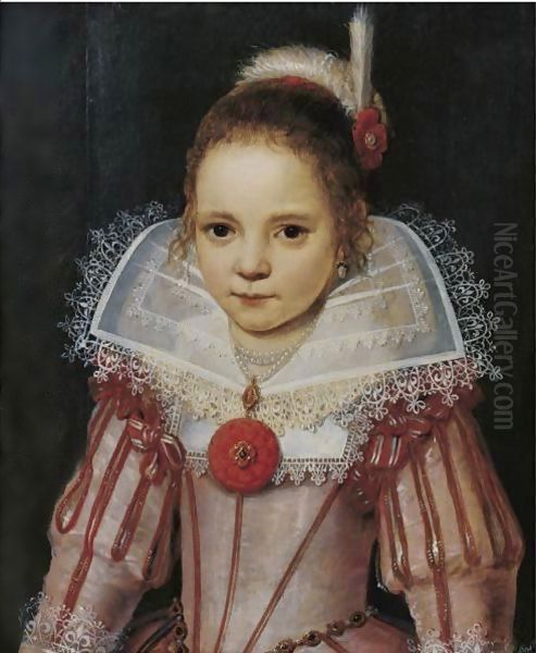 Portrait Of A Young Girl In A Pink Dress With Red Trim Oil Painting by Cornelis De Vos