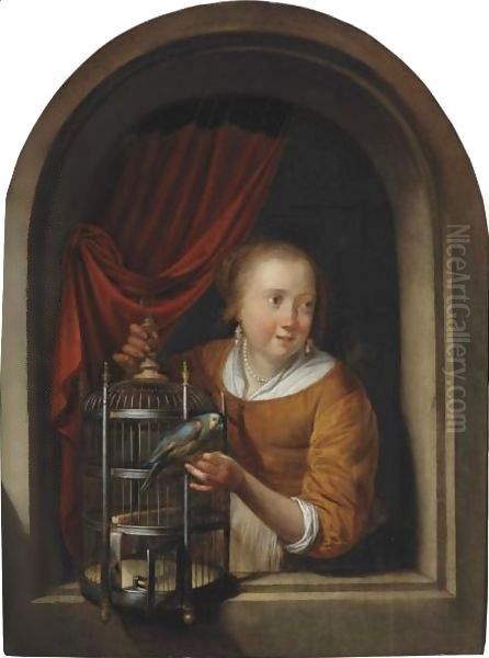 Young Girl With A Perroquet In A Niche Oil Painting by Gerrit Dou