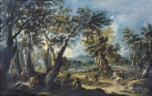 Landscape With A Stag Hunt Oil Painting by Antonio Stom